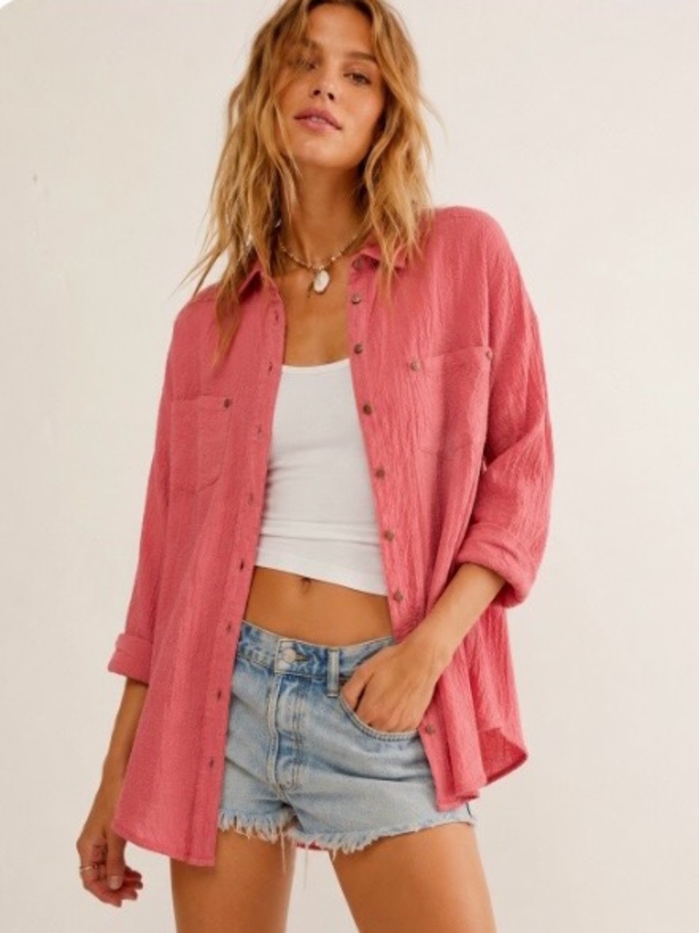 Free People Rose Pink Button-Up Tunic Shirt